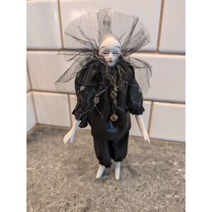 Porcelain 8″ Mime / Jester Doll – Black Outfit with White Collar Figurine